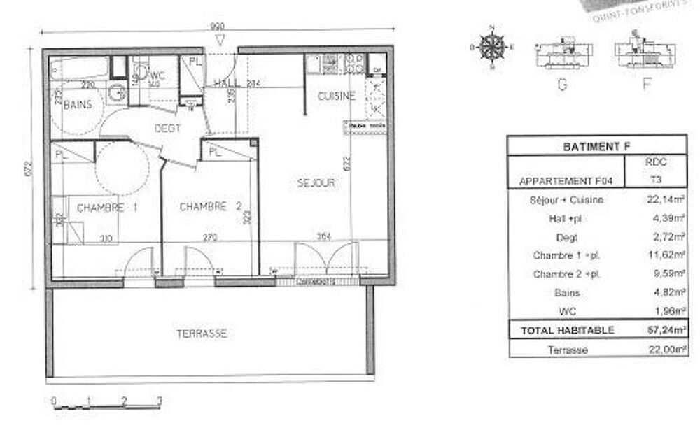 Location Appartement T3 avec terrasse de 22m2 + parking en sous-sol Quint fonsegrives