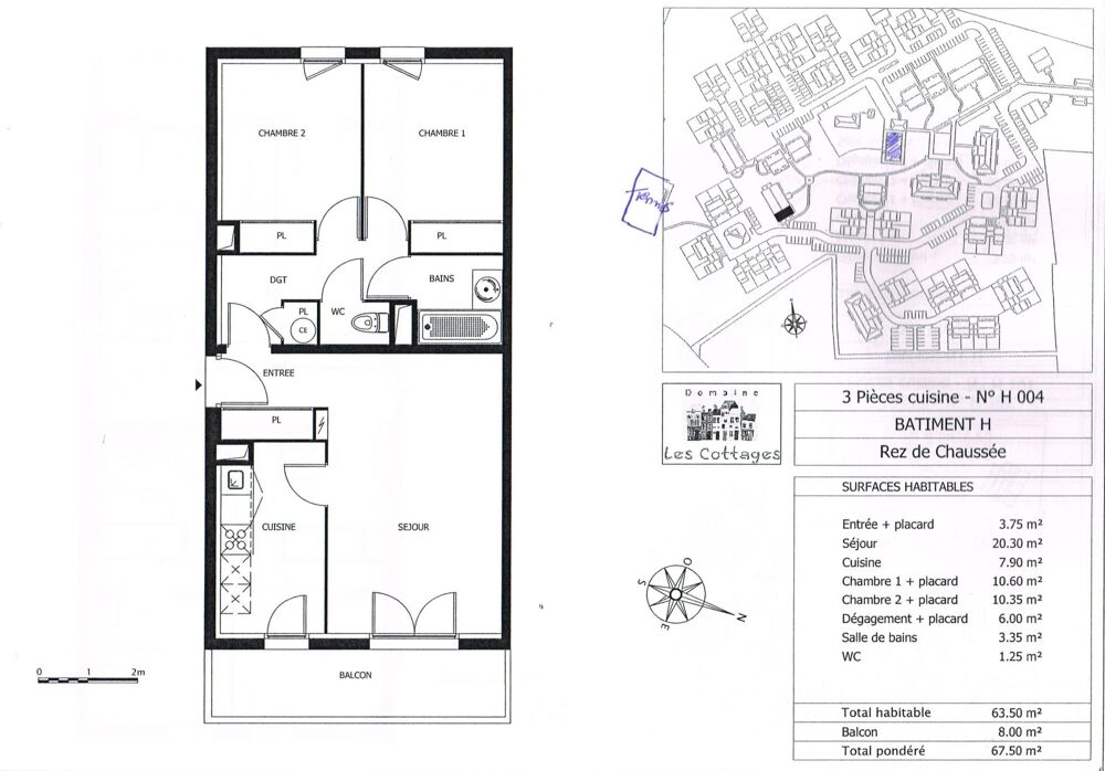 La rivière saint Sauveur, RDC, 3 pièces 62.8 m², balcon 8m², 2 places de parking. piscine, tennis, résidence sécurisée.