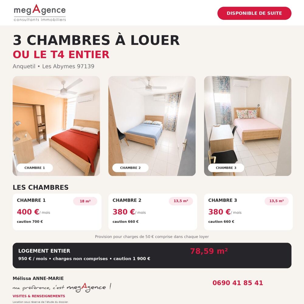 Location Appartement COLOCATION MEUBLÉE – 3 CHAMBRES CLIMATISÉES AUX ABYMES Les abymes