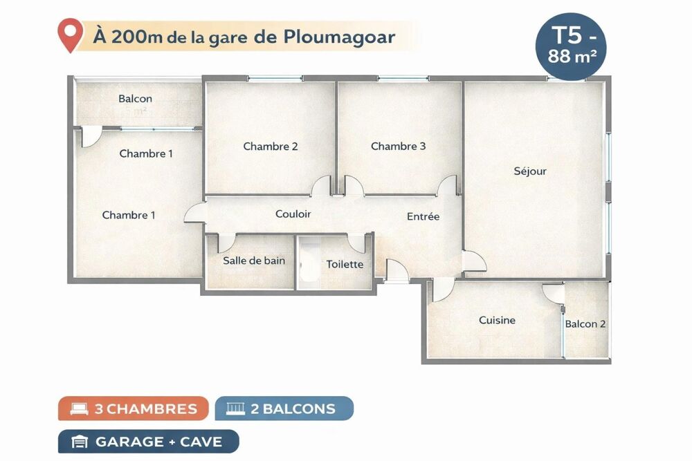 Vente Appartement T5 lumineux 87 m² – Garage – Proche gare SNCF Ploumagoar