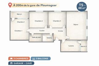 Vente Appartement T5 lumineux 87 m² – Garage – Proche gare SNCF Ploumagoar