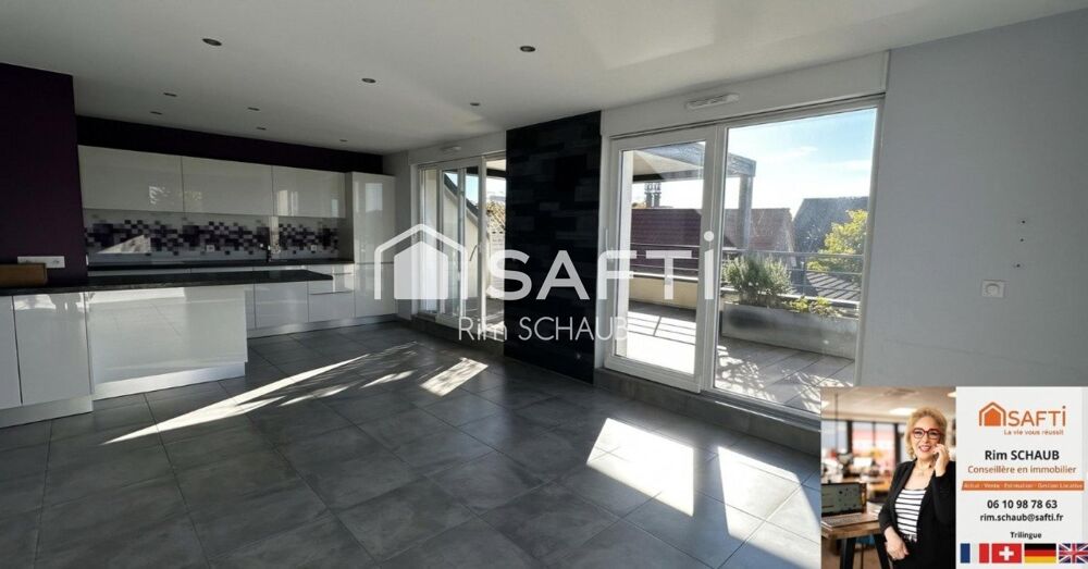 Vente Appartement Attique Lumineux env. 87 m² (92 m² au sol) – 3 ch – Terrasses 42 m² avec pergola bioclimatique – Garage double, parking & cave – Hesingue