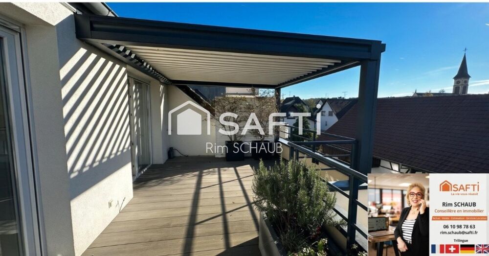 Vente Appartement Attique Lumineux env. 87 m² (92 m² au sol) – 3 ch – Terrasses 42 m² avec pergola bioclimatique – Garage double, parking & cave – Hesingue