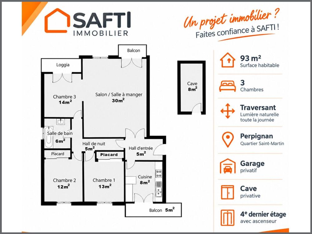 APPARTEMENT T4 TRAVERSANT 93 m² + PARKING + CAVE | SAINT-MARTIN / PERPIGNAN