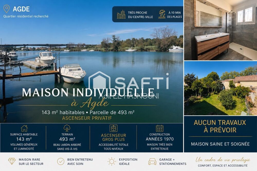 AGDE  Maison 143 m² avec ascenseur, possibilité 2 logements indépendants, aucun travaux