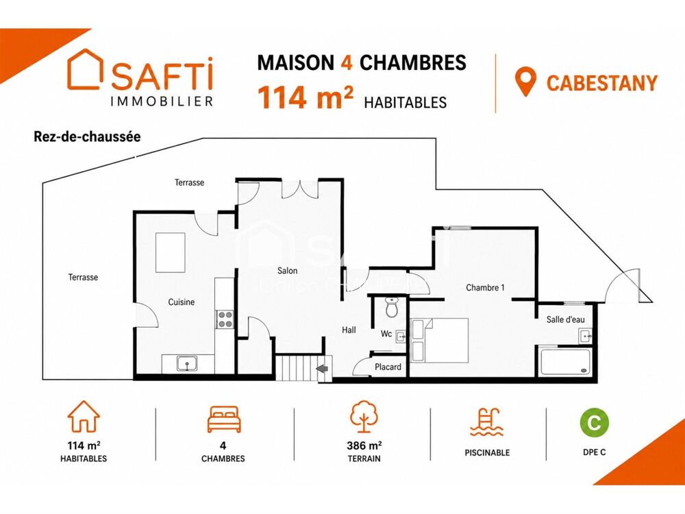 Vente Maison Villa moderne 114m2 - 4 Chambres- Terrain 386m2 (Piscinable) - Cabestany Cabestany