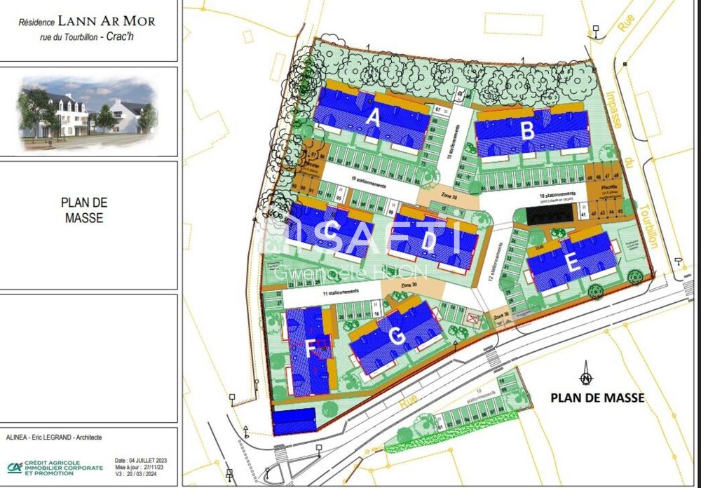 T3 en rez-de-jardin de 67 m² avec terrasse et jardinet, dans résidence neuve livrée en 2026 à 300 m du bourg de Crach. Luminosi