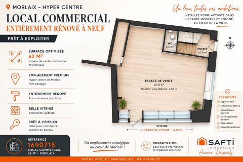 Morlaix Hyper-Centre – Local commercial enti&egrave;rement r&eacute;nov&eacute; de 62 m&sup2; 164153 29600 Morlaix