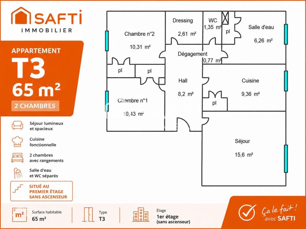 Appartement T3 (1er étage) 65m2 + dressing
