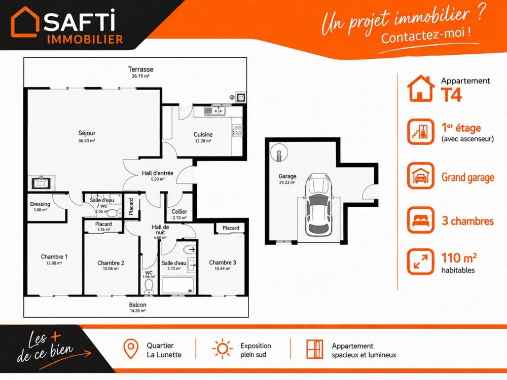 Appartement T4 traversant de 110m2 + balcon et terrasse + grand garage