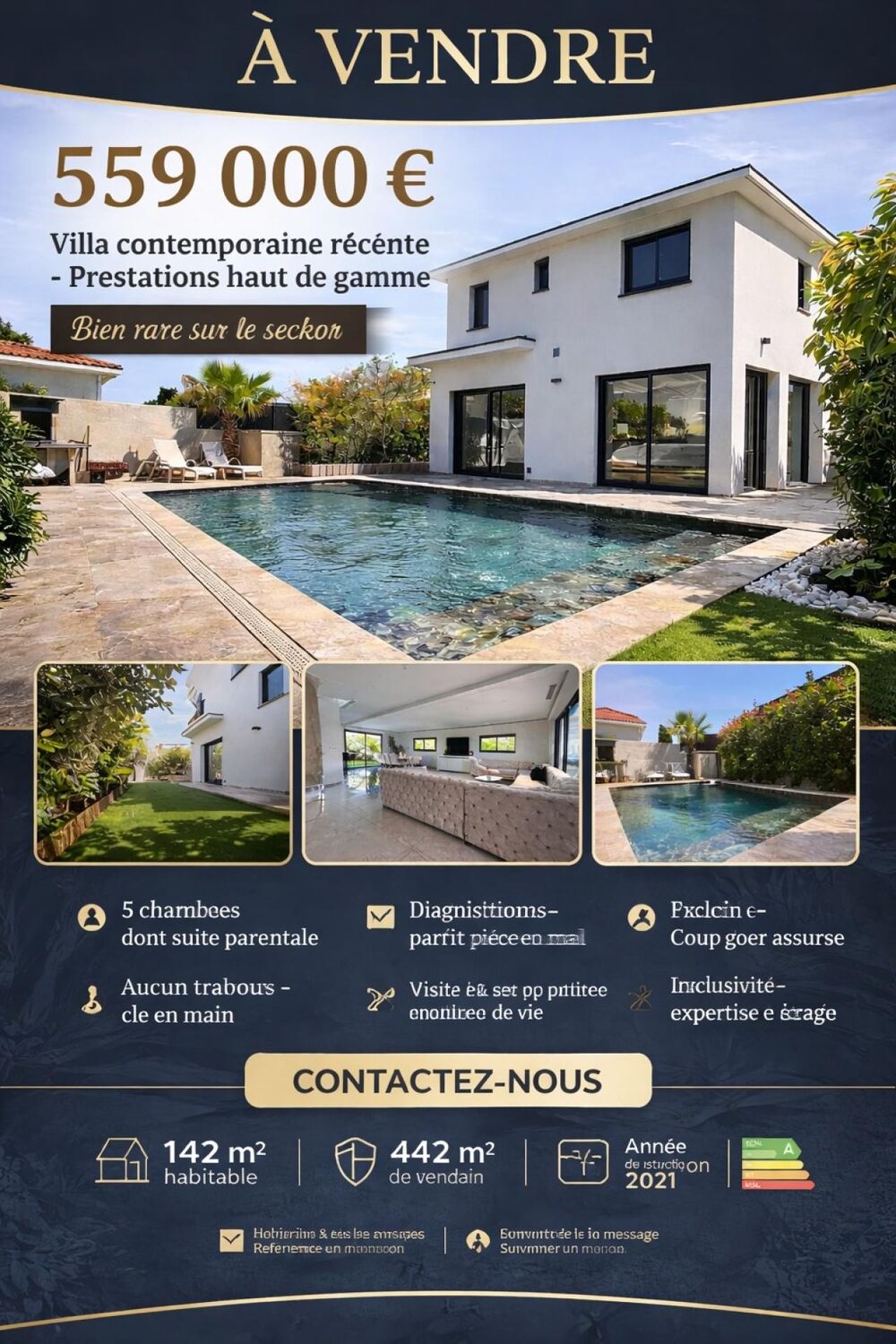 Maison contemporaine avec piscine  142 m² habitables  5 chambres  Terrain de 442 m²