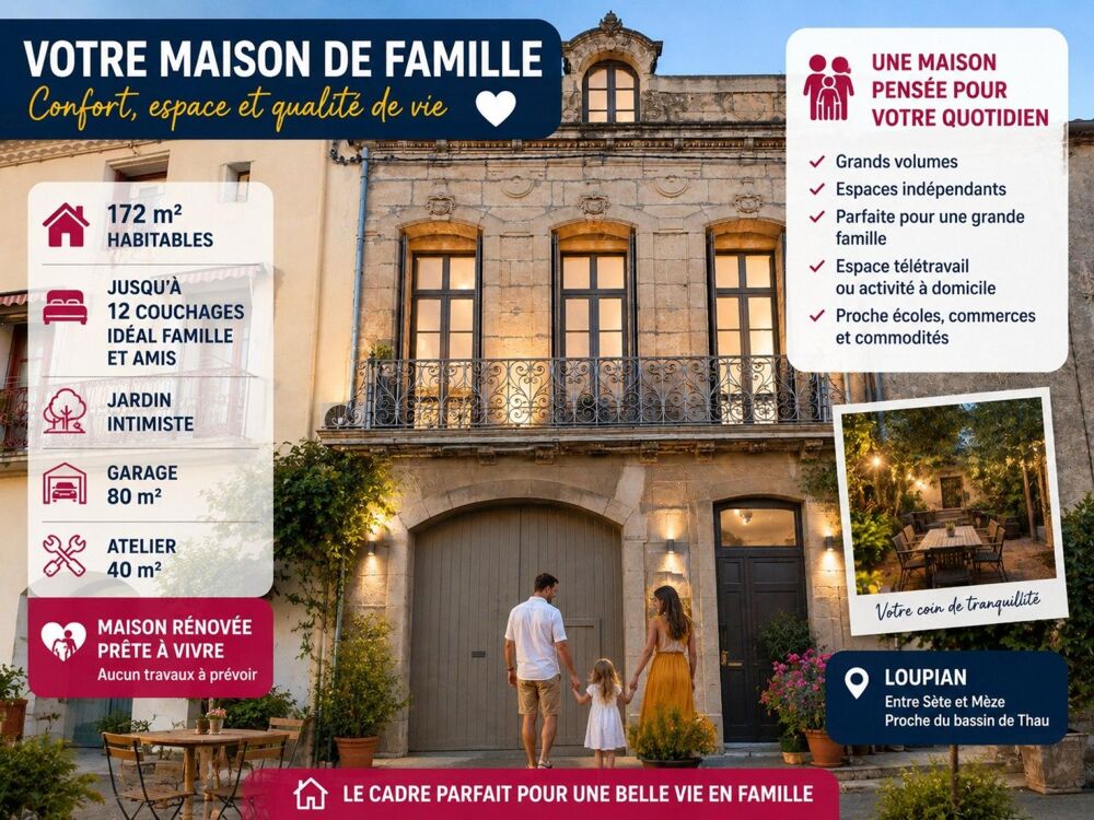 Maison familiale rénovée 172 m²  Jardin  Garage 80 m²  Loupian