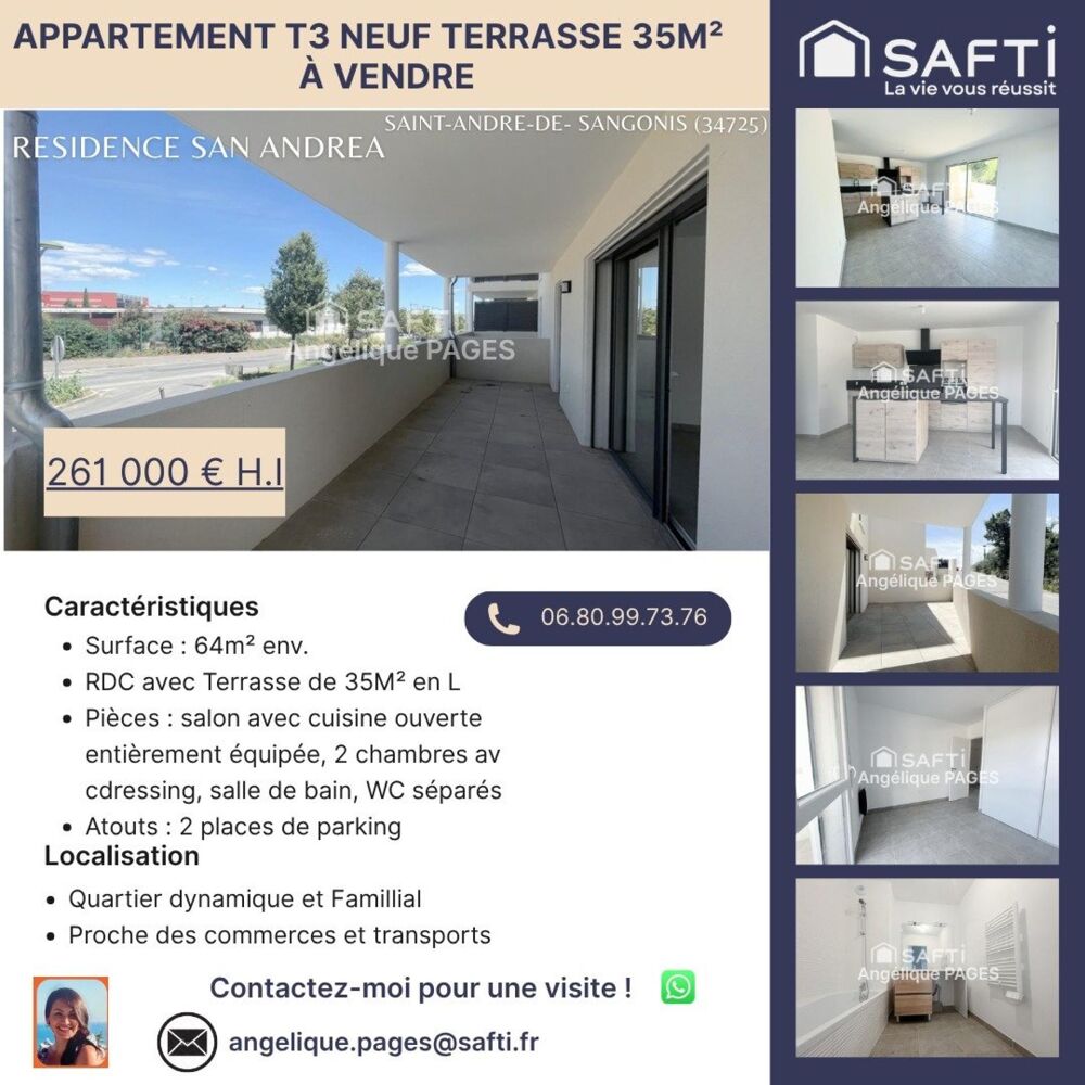 Vente Appartement T3 neuf prêt a habiter + Terrasse de 35m2 Saint-andre-de-sangonis