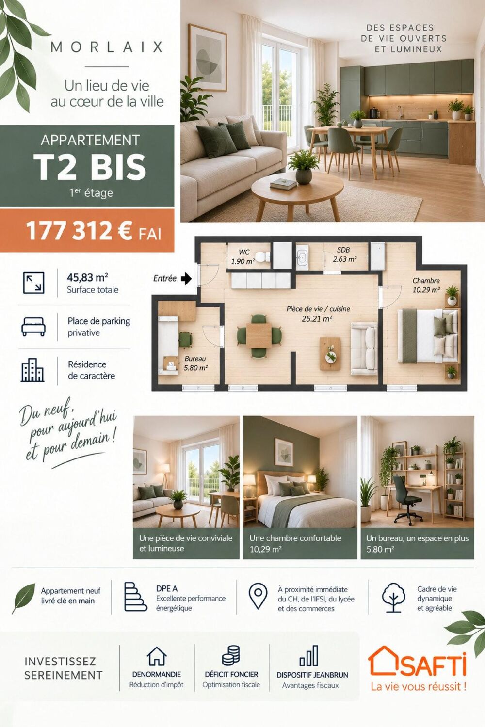 Vente Appartement T2 Bis neuf de 45,83 m², un appartement pensé pour conjuguer confort et polyvalence ! Morlaix