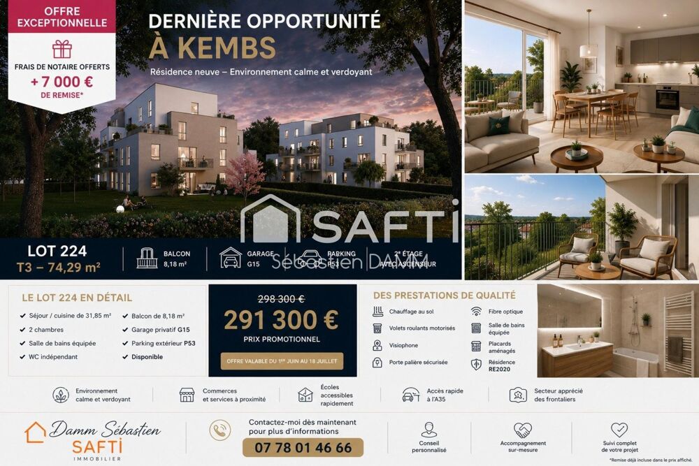 KEMBS  Appartement 3 pièces neuf avec balcon, garage et parking