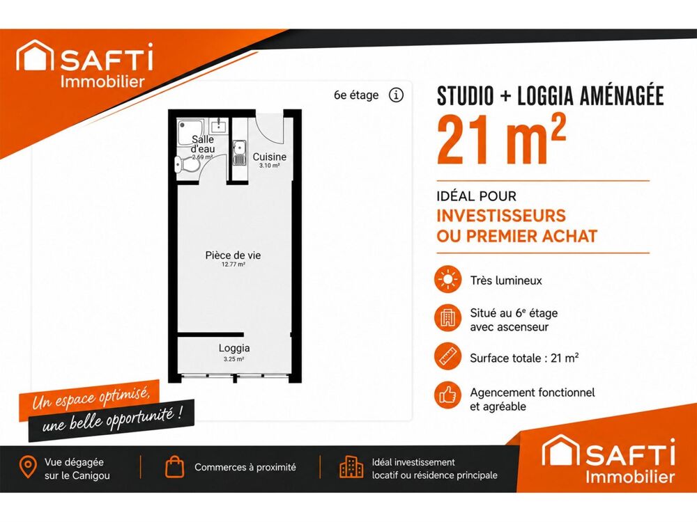 Vente Appartement Studio + Loggia aménagée 21m2 avec aucun vis-à-vis Perpignan