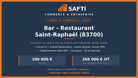 REPRISE BAR-RESTO SAINT-RAPHA&Euml;L : 390K€ CA 368000 83700 Saint-raphael
