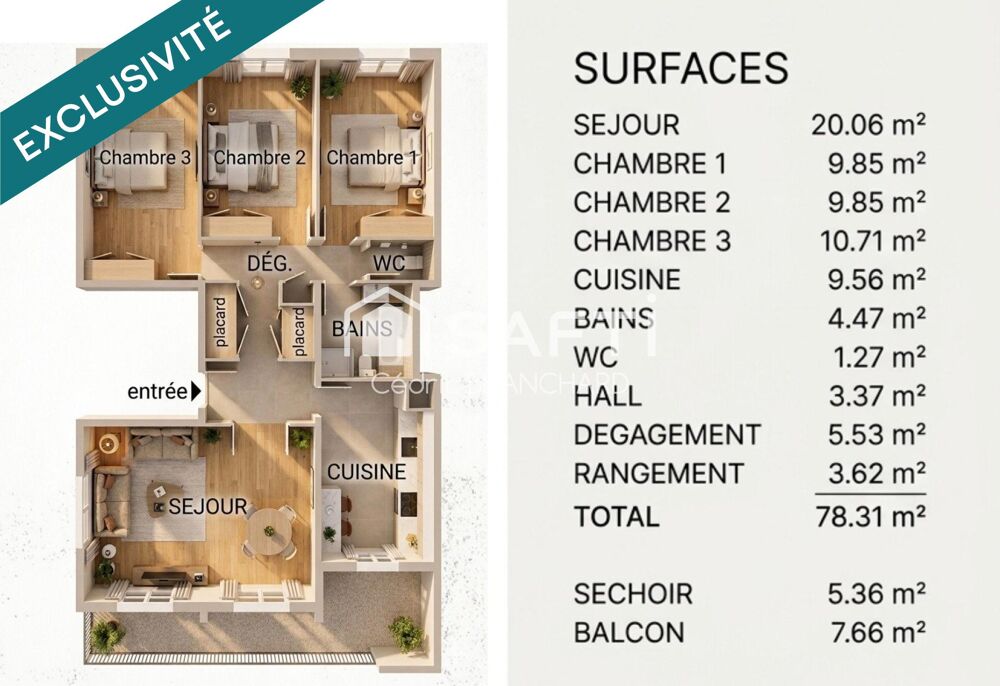 Lormont  T4 3 chambres avec balcon, loggia et cave