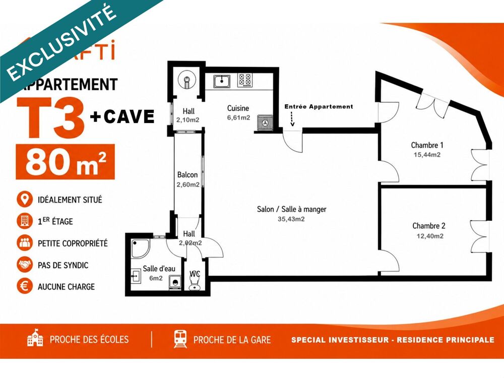 Appartement T3 traversant de 80 m² (1er étage) + Cave (6m2) - Pas de syndic = Pas de charge