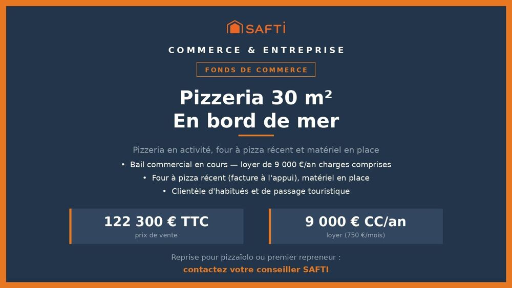   Pizzeria 30 m² en bord de mer, en exploitation 