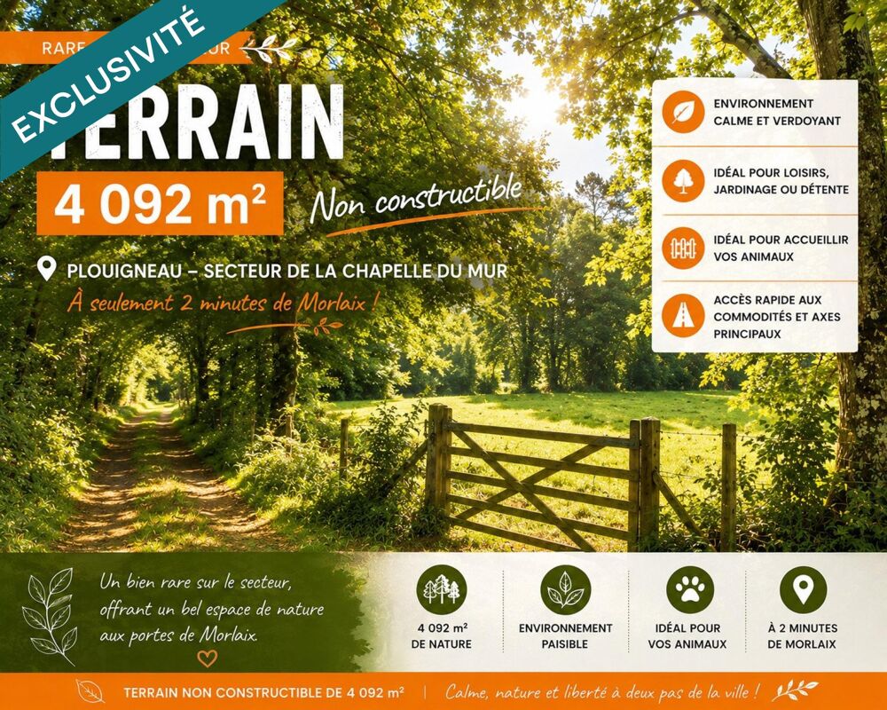 Vente Terrain RARE SUR LE SECTEUR – TERRAIN DE LOISIRS DE 4 092 m² AUX PORTES DE MORLAIX Morlaix