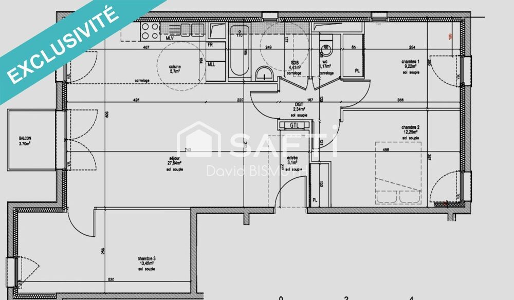 Appartement 4 pièces 3 chambres de 80 m2 avec Balcon et Place de parking au sous sol DPE "C