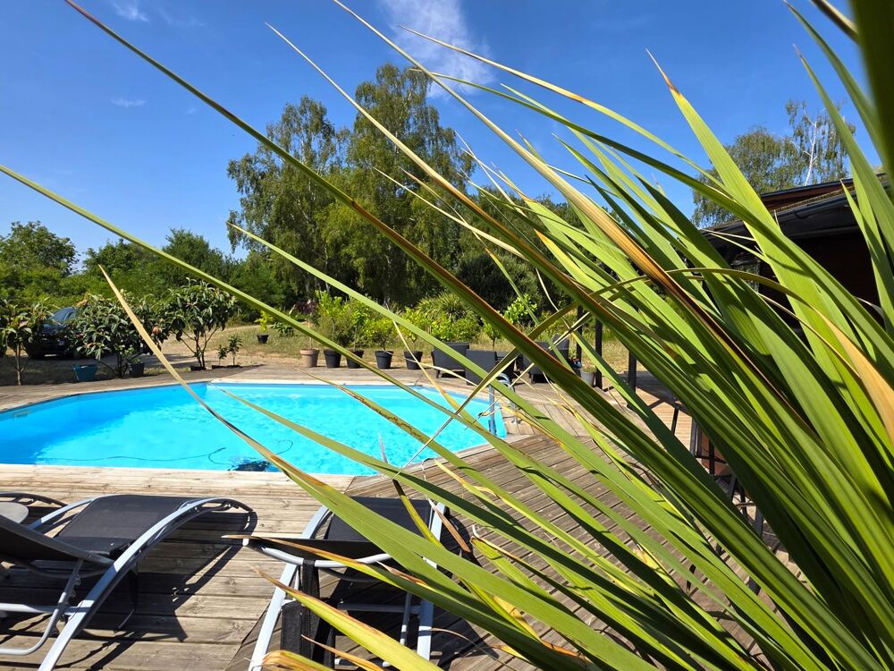 Chalet en bois, de plain pied, au coeur de la campagne baugeoise, avec sa piscine et son étang de pêche