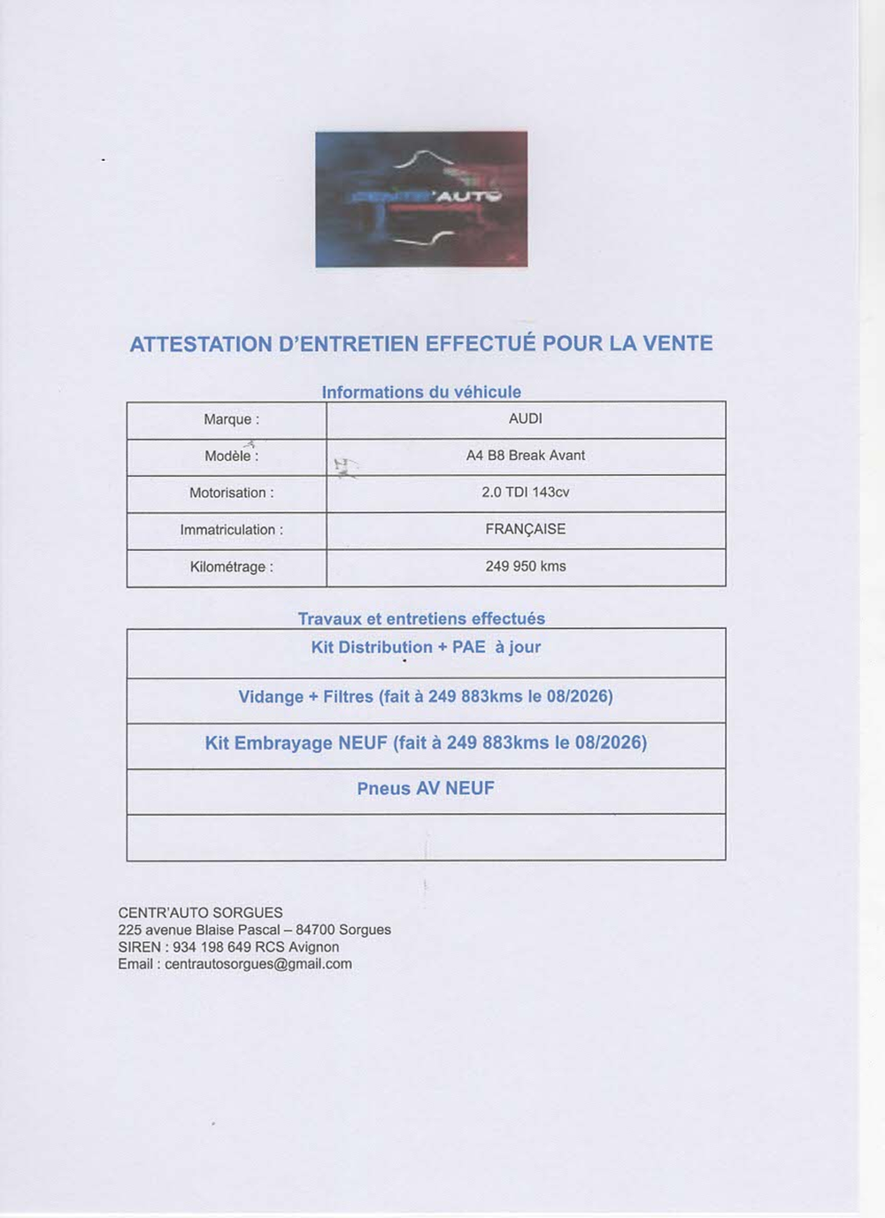 A4 2.0 TDI 143cv Kit Embrayage NEUF 2009 occasion 84700 SORGUES