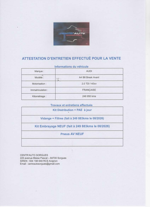 A4 2.0 TDI 143cv Kit Embrayage NEUF 2009 occasion 84700 SORGUES