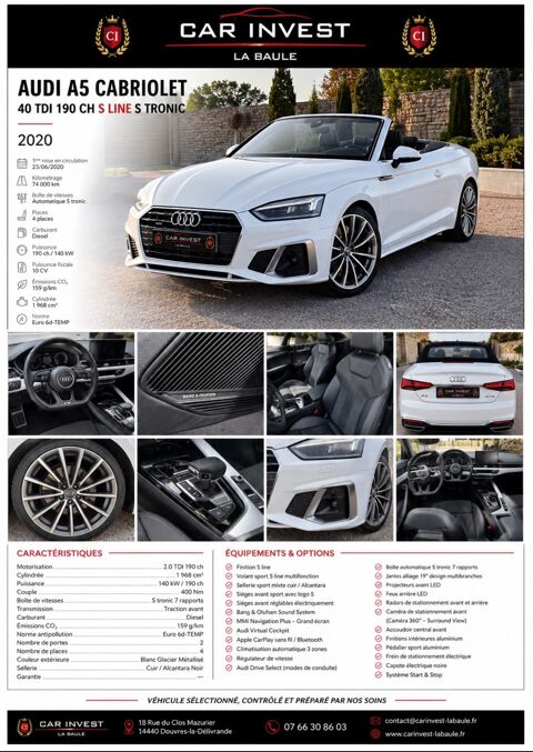 Audi A5 Cabriolet 40 tdi a jour de ses entretiens 2020 occasion La Baule-Escoublac 44500