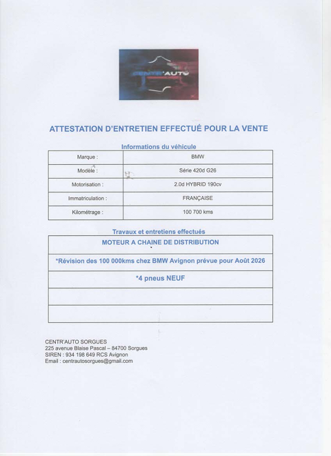S&eacute;rie 4 (G26) GRAN COUPE 420d 190cv Pack M Sport 2023 occasion 84700 SORGUES