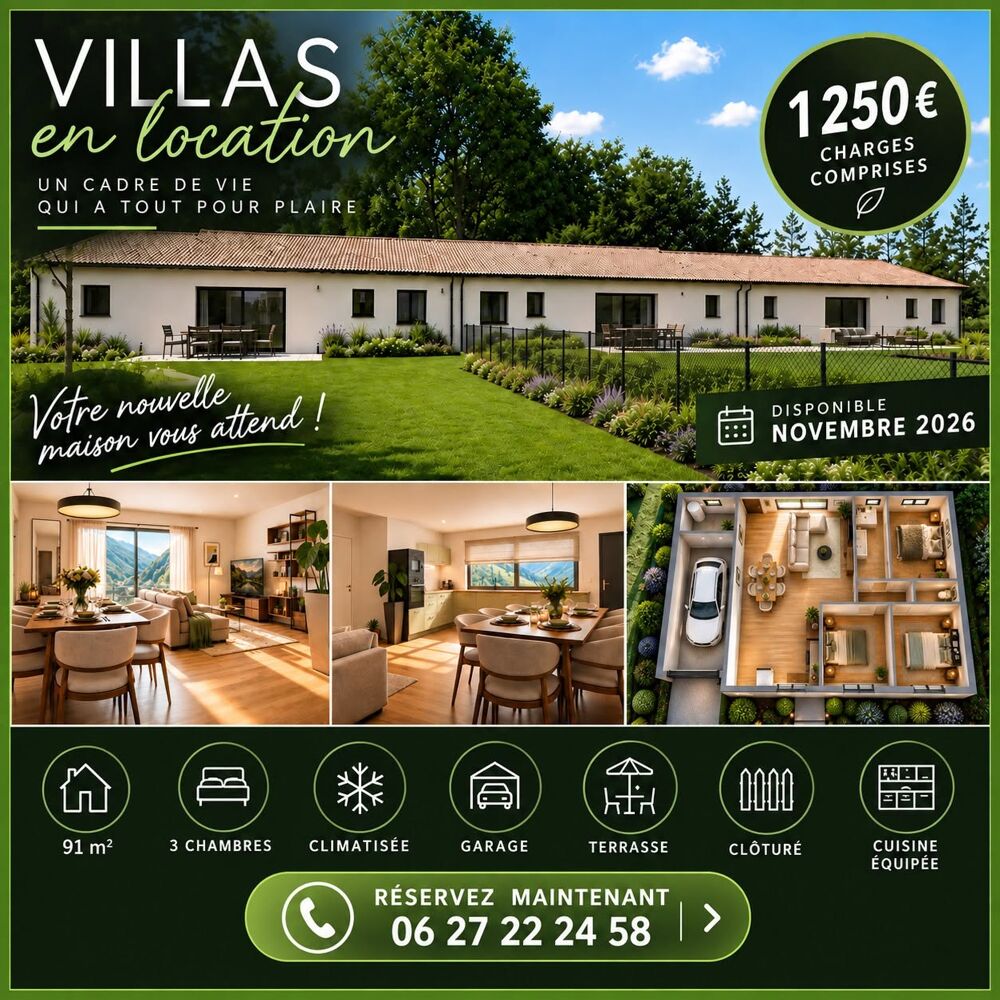 VILLA NEUVE À LOUER  91 M², 3 CHAMBRES, JARDIN & GARAGE....