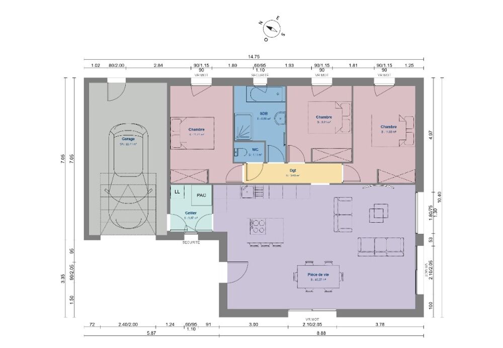 Maison de plain-pied en "L" de 92m² avec garage à vendre....