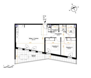  Appartement  vendre 3 pices 74 m