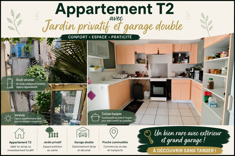 Appartement T2 avec jardin privatif, véranda et double garage