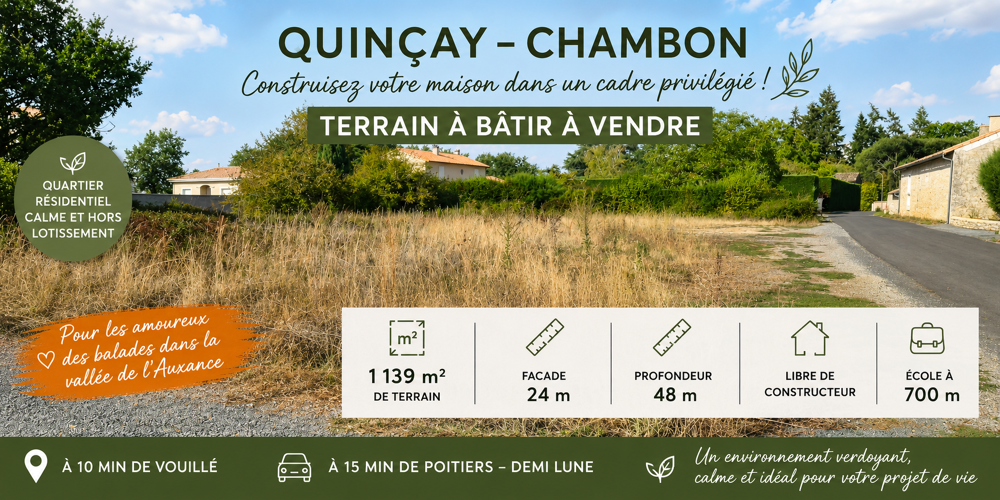 Vente Terrain TERRAIN CONSTRUCTIBLE - HORS LOTISSEMENT - PROCHE ECOLE - PARTIELLEMENT VIABILISÉ Quincay