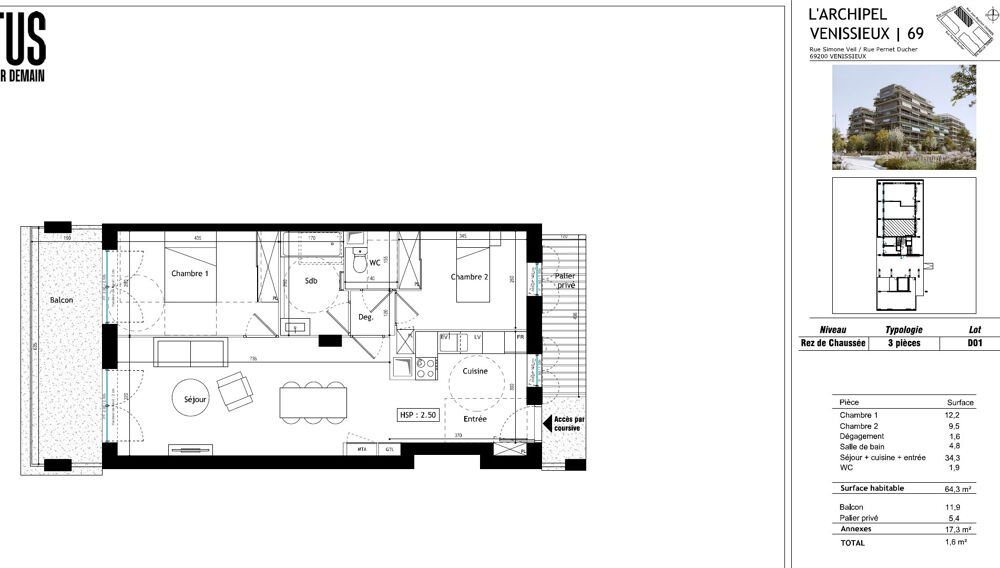 Vente Appartement BRS - T3 64 m2 avec balcon 11 m2 Venissieux
