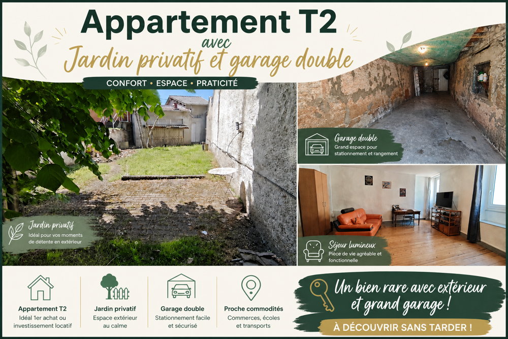 Appartement T2 avec jardin privatif, véranda et double garage