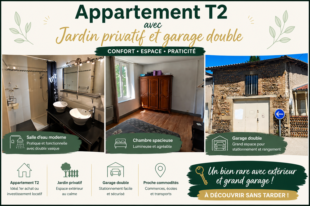 Appartement T2 avec jardin privatif, véranda et double garage