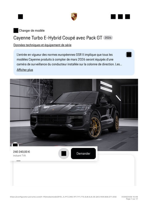 Cayenne NOUVEAU Turbo E-Hybrid PACK GT TURBO 5 PLACES NEUFS DISPONIB 2026 occasion 11100 Narbonne