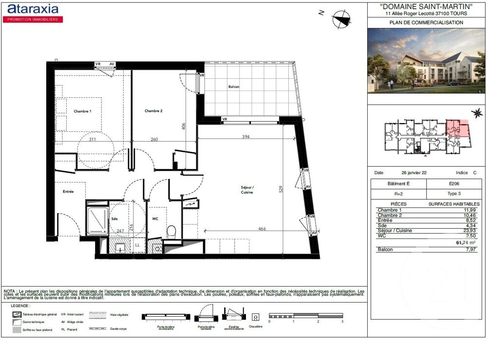 location Appartement - 3 pièce(s) - 61 m² Tours (37100)