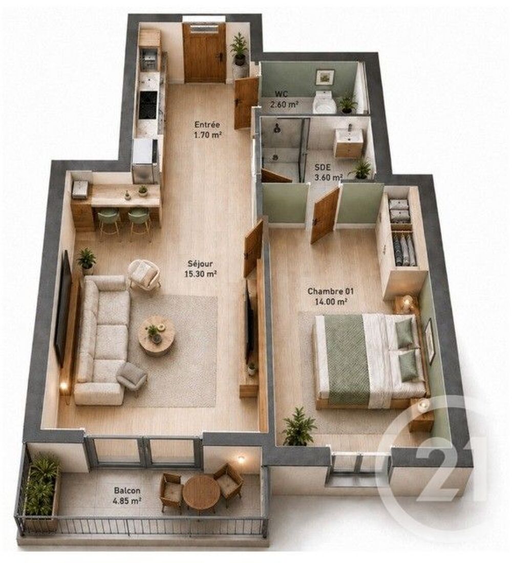 Appartement 2 pièces avec balcon et stationnement privat....