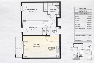  Appartement � vendre 3 pi�ces 54 m�