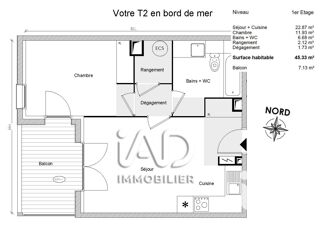  Appartement � vendre 2 pi�ces 45 m�
