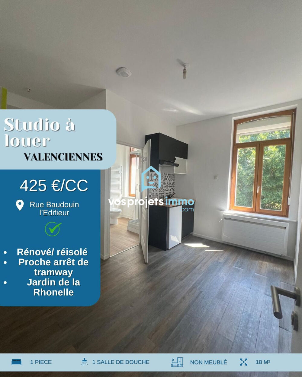 Location Appartement Studio 18 m2 au 1er étage proche jardin de la rhonelle Valenciennes