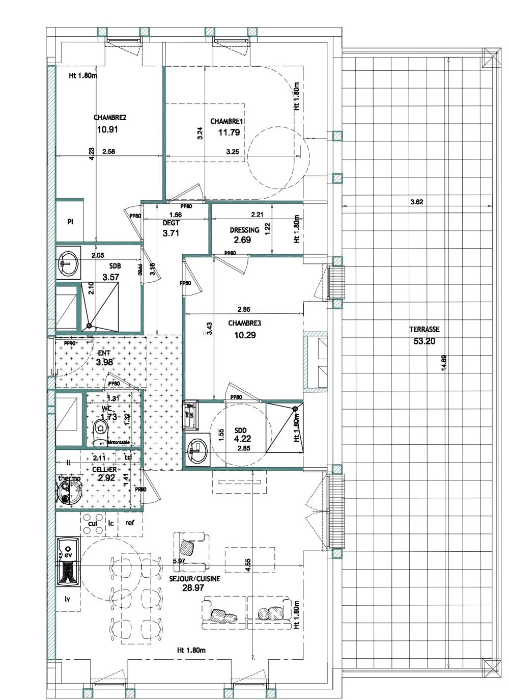 Terrasse 53m2 pour ce T4 au dernier étage