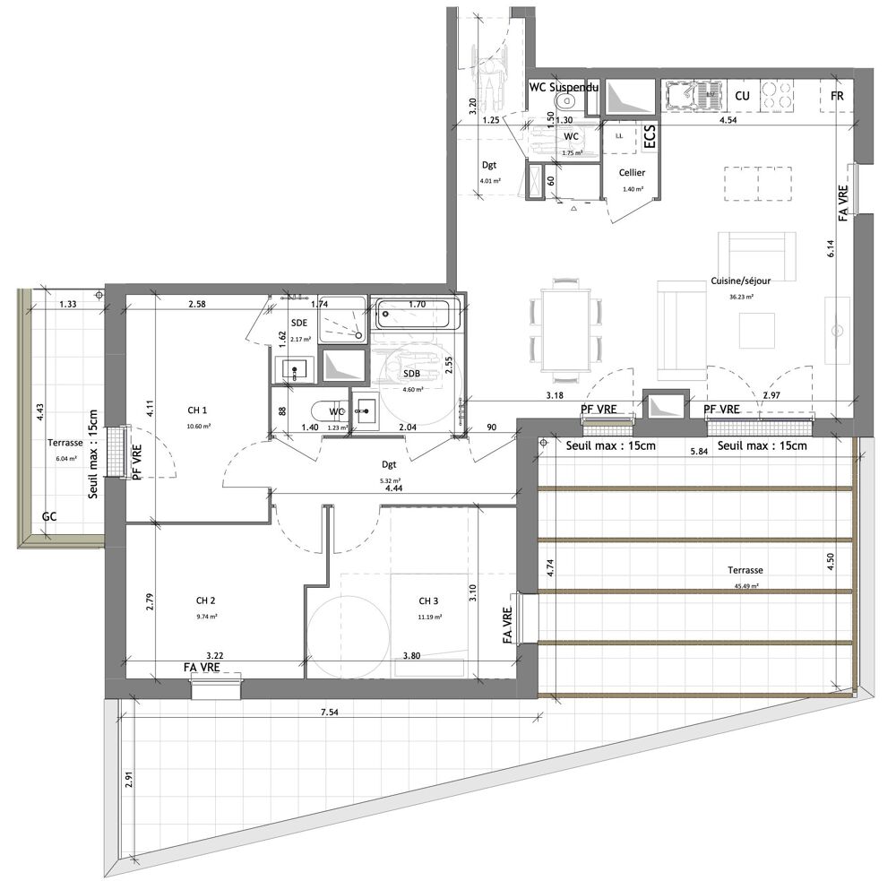 Superbe T4 dernier étage 51m2 terrasse