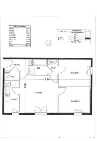  Appartement � vendre 3 pi�ces 59 m�