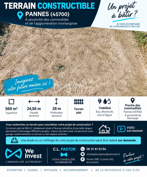   TERRAIN CONSTRUCTIBLE VIABILISÉ – PANNES (45700) – 569m² 