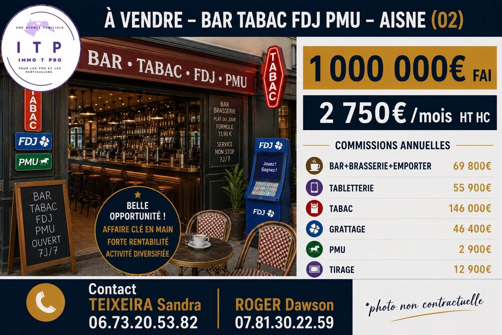   BEAU BAR TABAC FDJ PMU DANS UNE BELLE VILLE DE L'AISNE (02) 